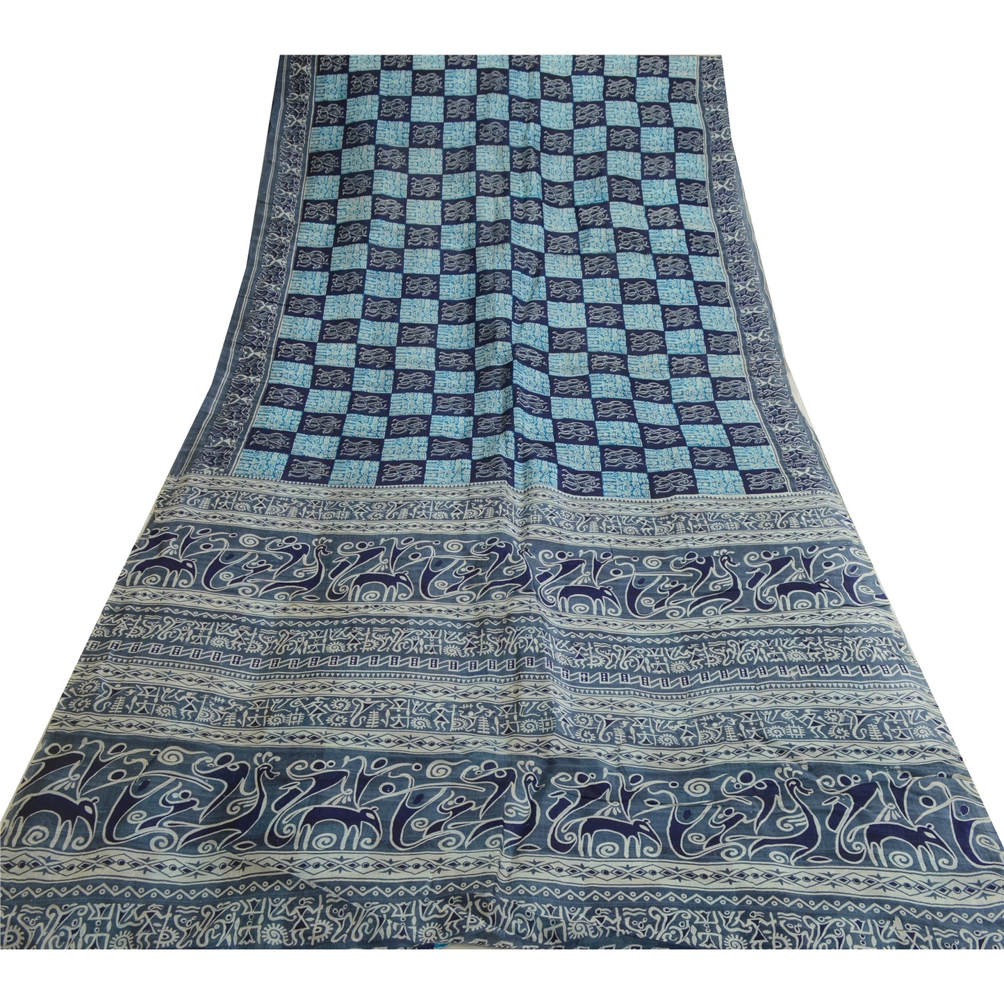 Sanskriti Vintage Sarees Gray Pure Silk Abstract Human Animal Print Sari Sustainable Fabric