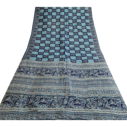 Sanskriti Vintage Sarees Gray Pure Silk Abstract Human Animal Print Sari Sustainable Fabric