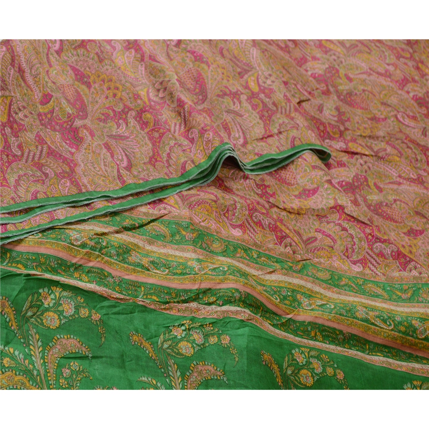 Sanskriti Vintage Sarees Pink &amp; Green Printed Pure Silk Sari Blomsterhåndværk Bæredygtigt Stoff