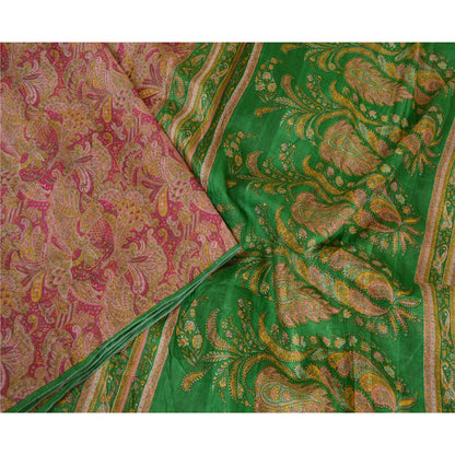 Sanskriti Vintage Sarees Pink &amp; Green Printed Pure Silk Sari Blomsterhåndværk Bæredygtigt Stoff