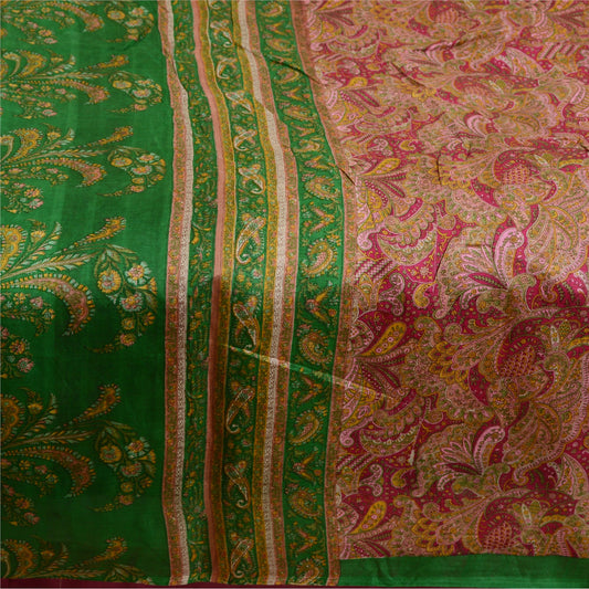 Sanskriti Vintage Sarees Pink &amp; Green Printed Pure Silk Sari Blomsterhåndværk Bæredygtigt Stoff