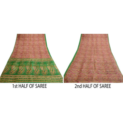 Sanskriti Vintage Sarees Pink &amp; Green Printed Pure Silk Sari Blomsterhåndværk Bæredygtigt Stoff