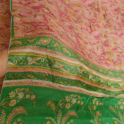 Sanskriti Vintage Sarees Pink &amp; Green Printed Pure Silk Sari Blomsterhåndværk Bæredygtigt Stoff