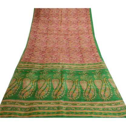 Sanskriti Vintage Sarees Pink &amp; Green Printed Pure Silk Sari Blomsterhåndværk Bæredygtigt Stoff