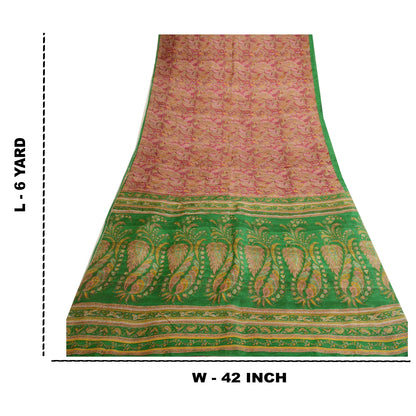 Sanskriti Vintage Sarees Pink &amp; Green Printed Pure Silk Sari Blomsterhåndværk Bæredygtigt Stoff