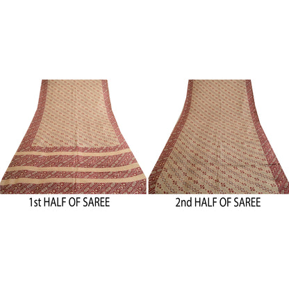 Sanskriti Vintage Sarees Indisk Brun/Rød Ren Silke Trykt Sari Håndværk Bæredygtigt Stoff
