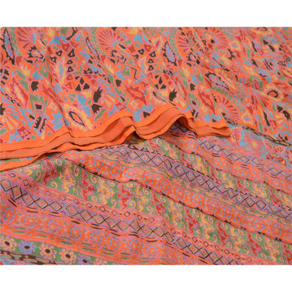 Sanskriti Vintage Sarees Orange 100% Pure Silk Printed Sari Soft Craft Sustainable Fabric