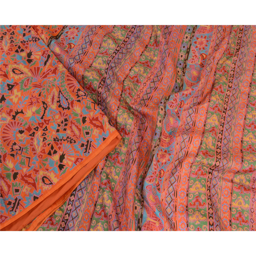 Sanskriti Vintage Sarees Orange 100% Pure Silk Printed Sari Soft Craft Sustainable Fabric