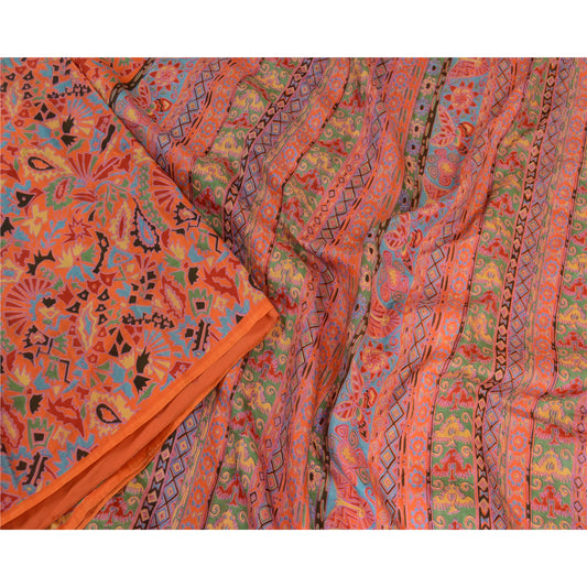 Sanskriti Vintage Sarees Orange 100% Pure Silk Printed Sari Soft Craft Sustainable Fabric