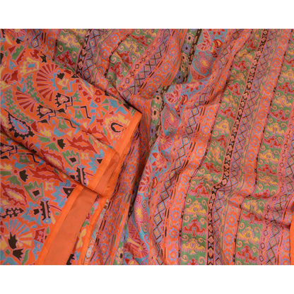 Sanskriti Vintage Sarees Orange 100% Pure Silk Printed Sari Soft Craft Sustainable Fabric