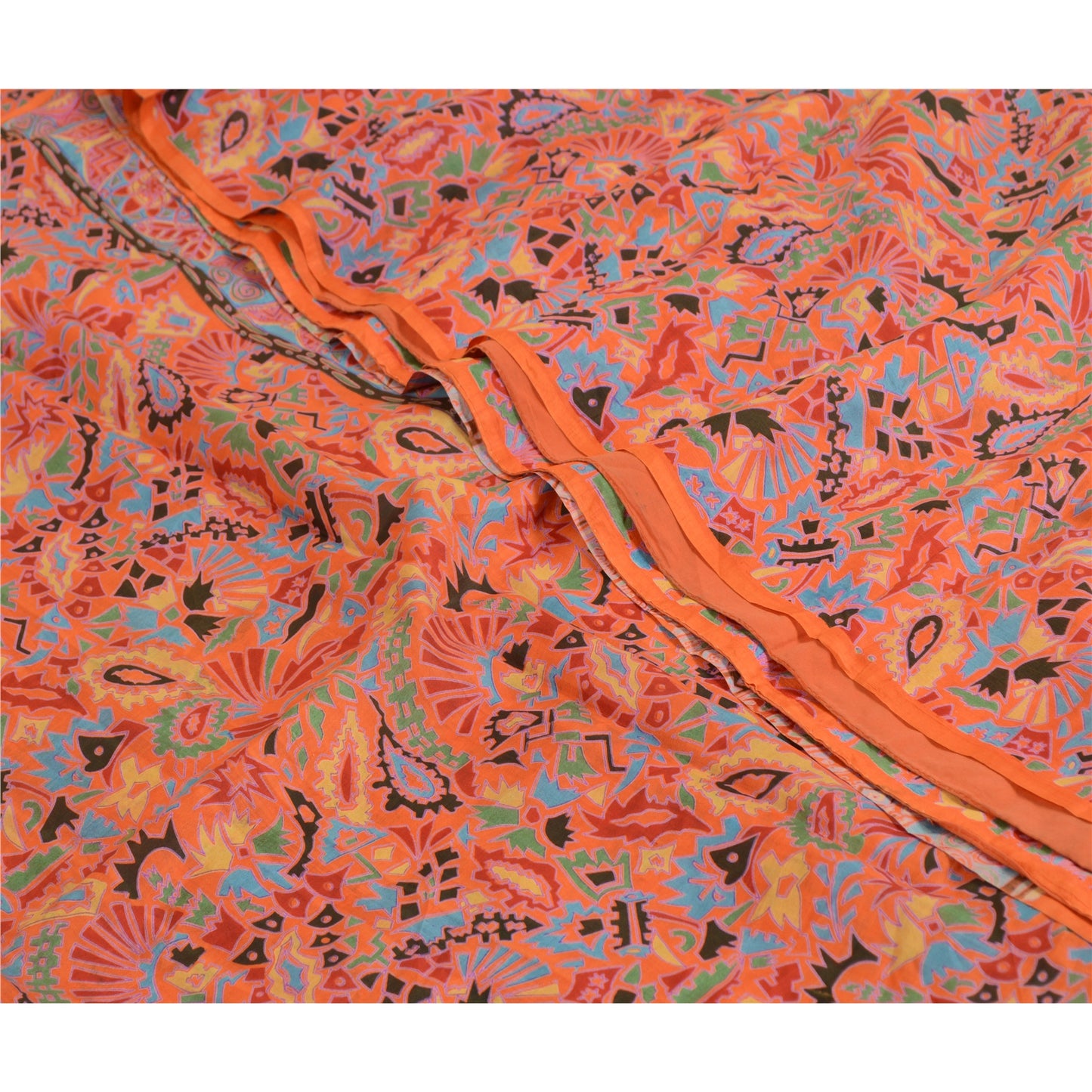 Sanskriti Vintage Sarees Orange 100% Pure Silk Printed Sari Soft Craft Sustainable Fabric