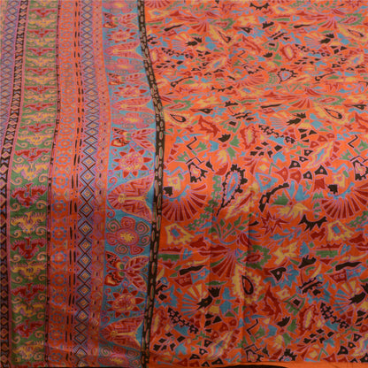 Sanskriti Vintage Sarees Orange 100% Pure Silk Printed Sari Soft Craft Sustainable Fabric
