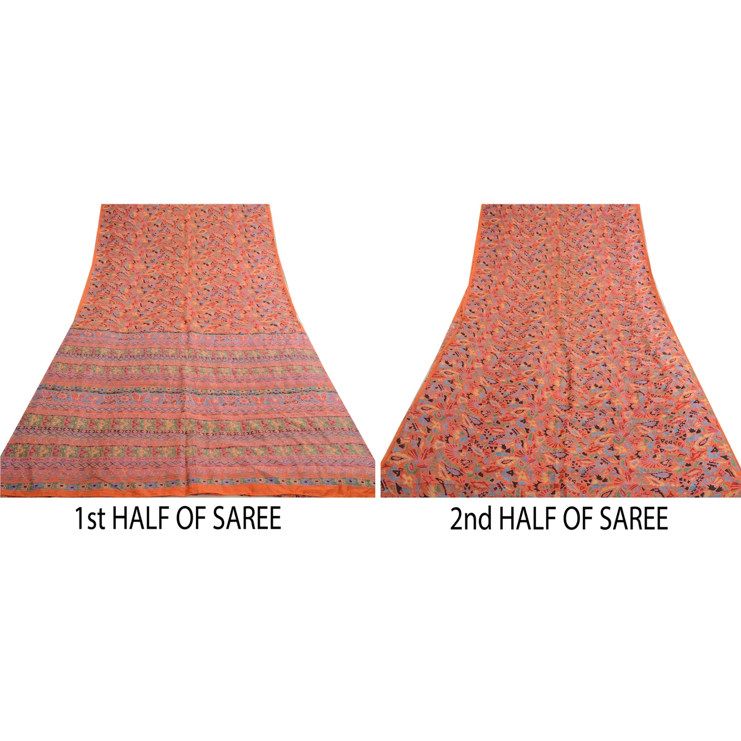 Sanskriti Vintage Sarees Orange 100% Pure Silk Printed Sari Soft Craft Sustainable Fabric