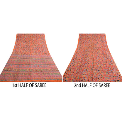 Sanskriti Vintage Sarees Orange 100% Pure Silk Printed Sari Soft Craft Sustainable Fabric