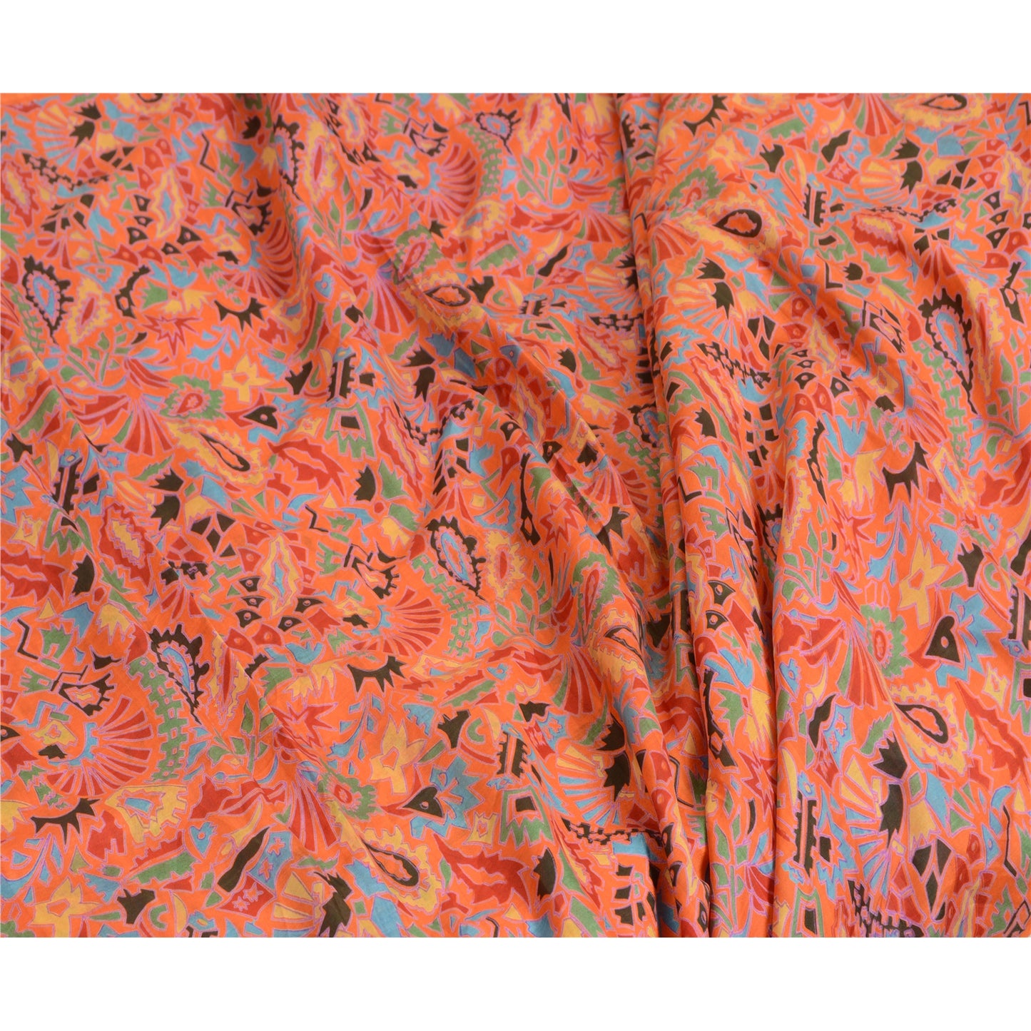 Sanskriti Vintage Sarees Orange 100% Pure Silk Printed Sari Soft Craft Sustainable Fabric
