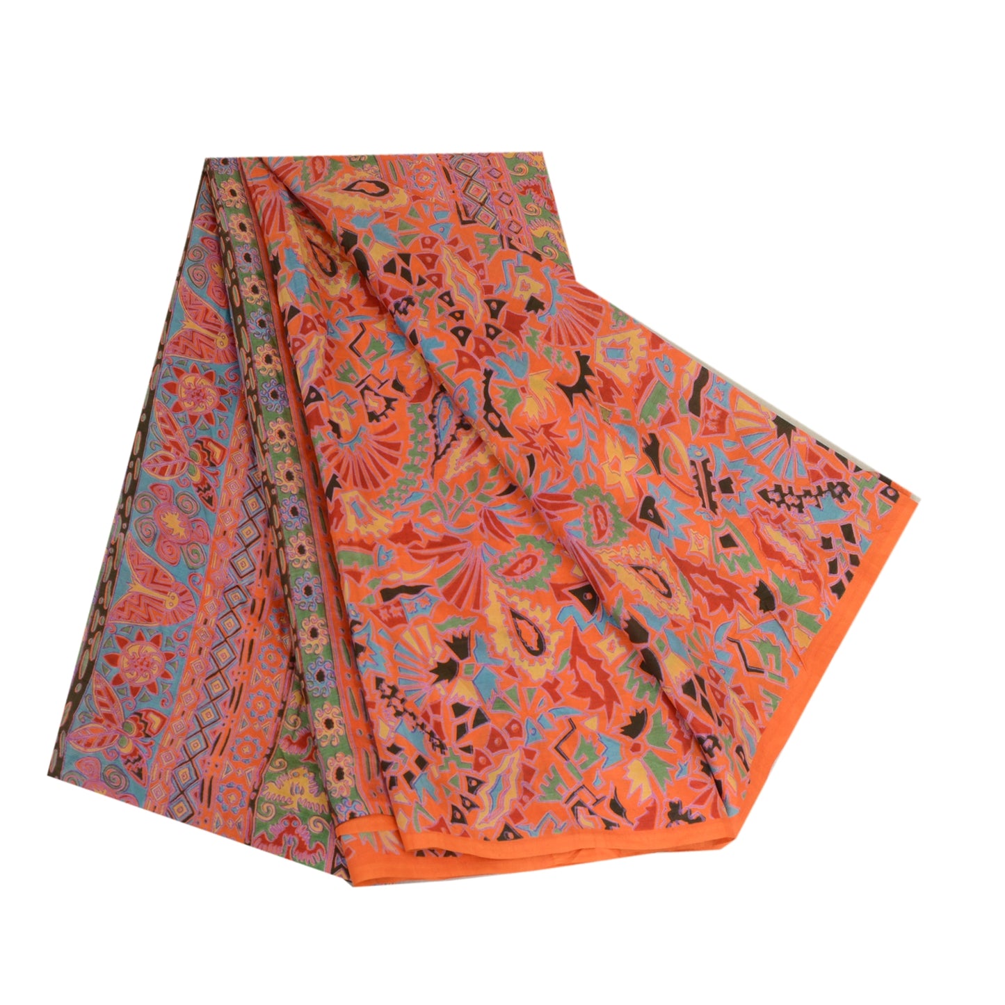 Sanskriti Vintage Sarees Orange 100% Pure Silk Printed Sari Soft Craft Sustainable Fabric