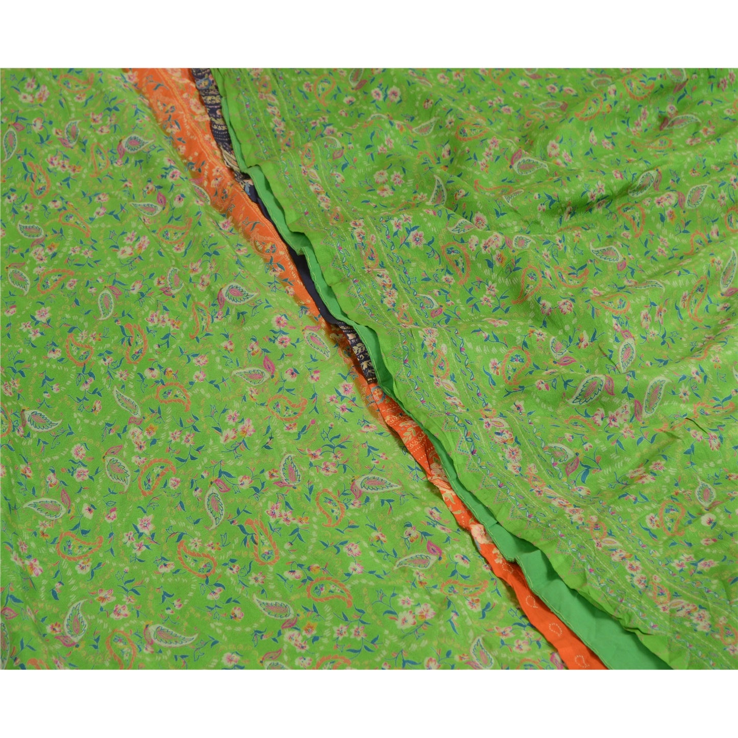 Sanskriti Vintage Sarees Green 100% Pure Silk Printed Sari Soft 5yd Craft Sustainable Fabric