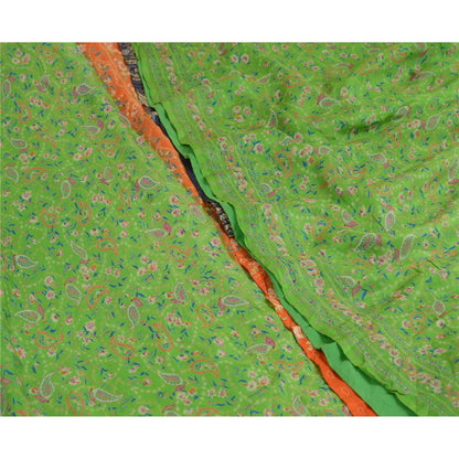 Sanskriti Vintage Sarees Green 100% Pure Silk Printed Sari Soft 5yd Craft Sustainable Fabric