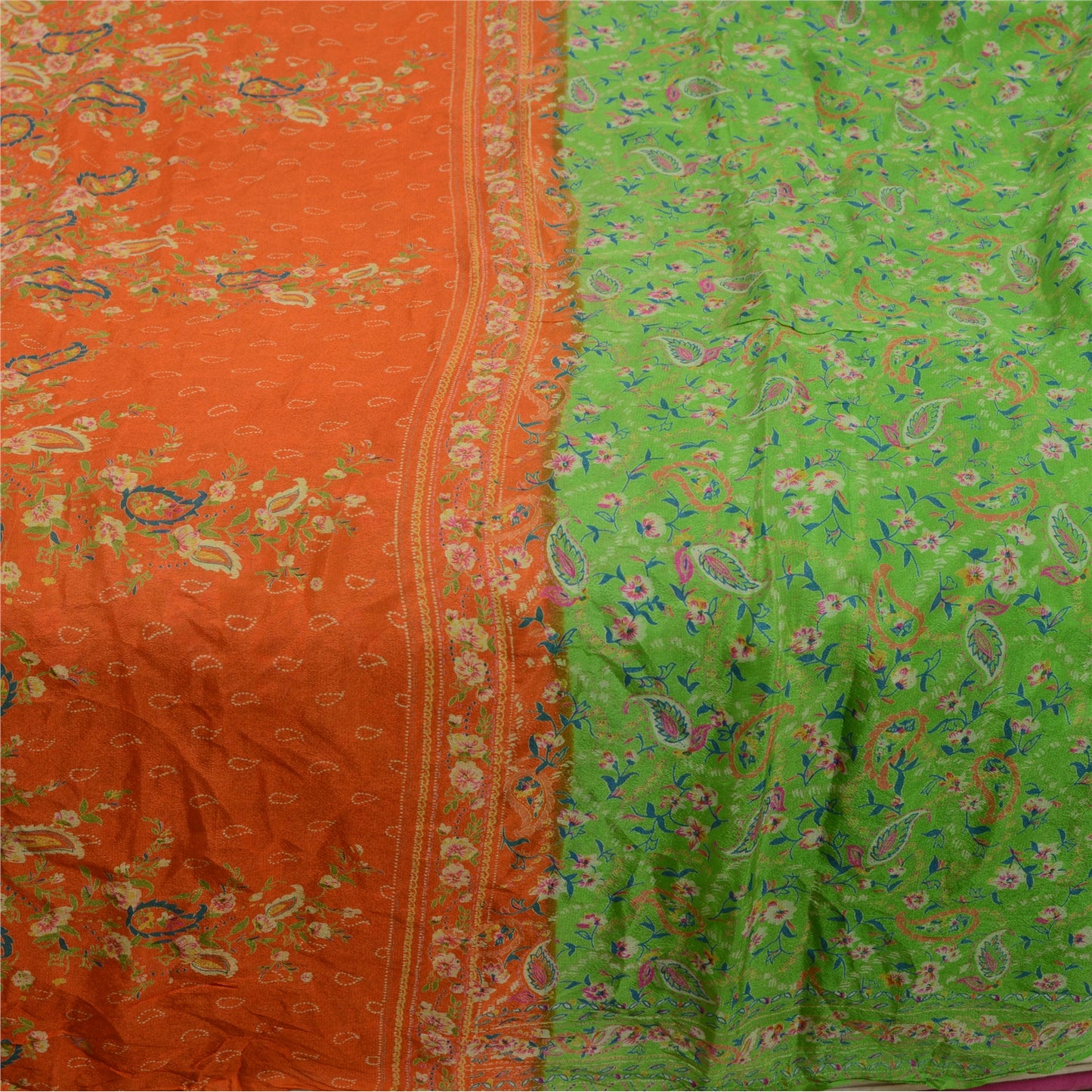 Sanskriti Vintage Sarees Green 100% Pure Silk Printed Sari Soft 5yd Craft Sustainable Fabric