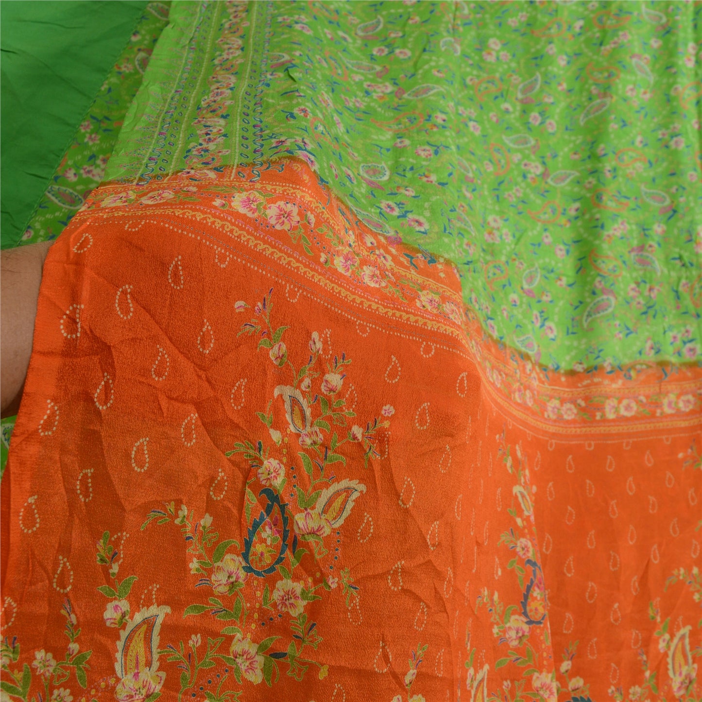 Sanskriti Vintage Sarees Green 100% Pure Silk Printed Sari Soft 5yd Craft Sustainable Fabric