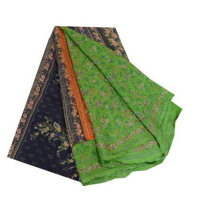 Sanskriti Vintage Sarees Green 100% Pure Silk Printed Sari Soft 5yd Craft Sustainable Fabric