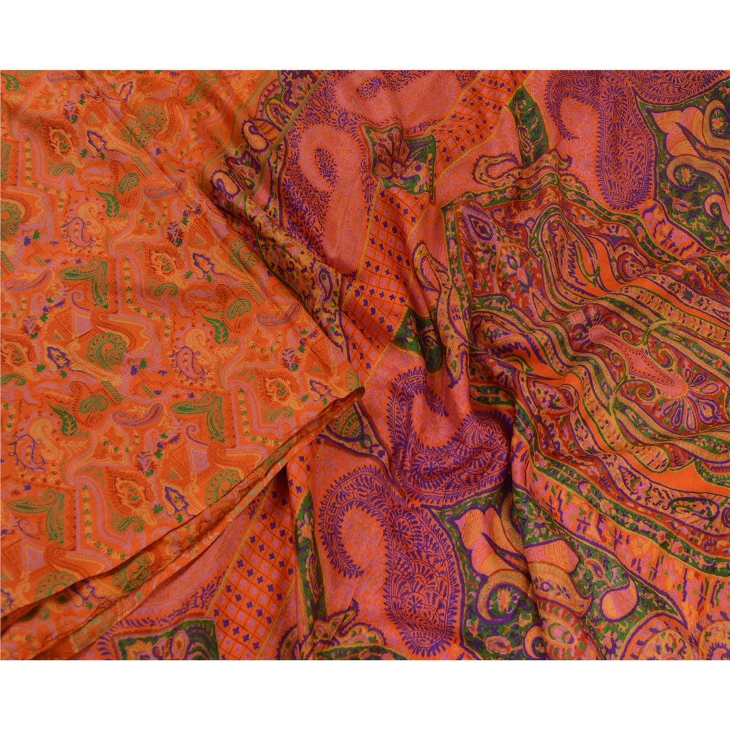 Sanskriti Vintage Sarees Orange 100% Pure Silk Printed Sari Soft Craft Fabric