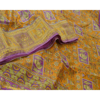 Sanskriti Vintage Sarees Saffron Zari Woven Printed Artificial Silk Sari Sustainable Fabric