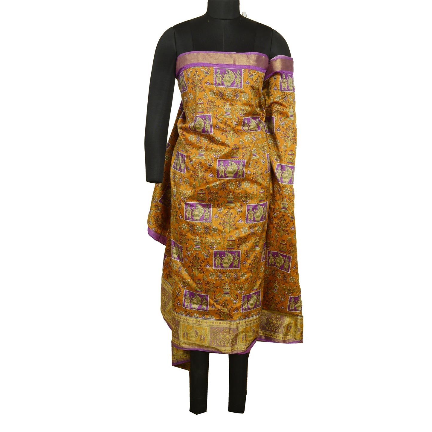 Sanskriti Vintage Sarees Saffron Zari Woven Printed Artificial Silk Sari Sustainable Fabric