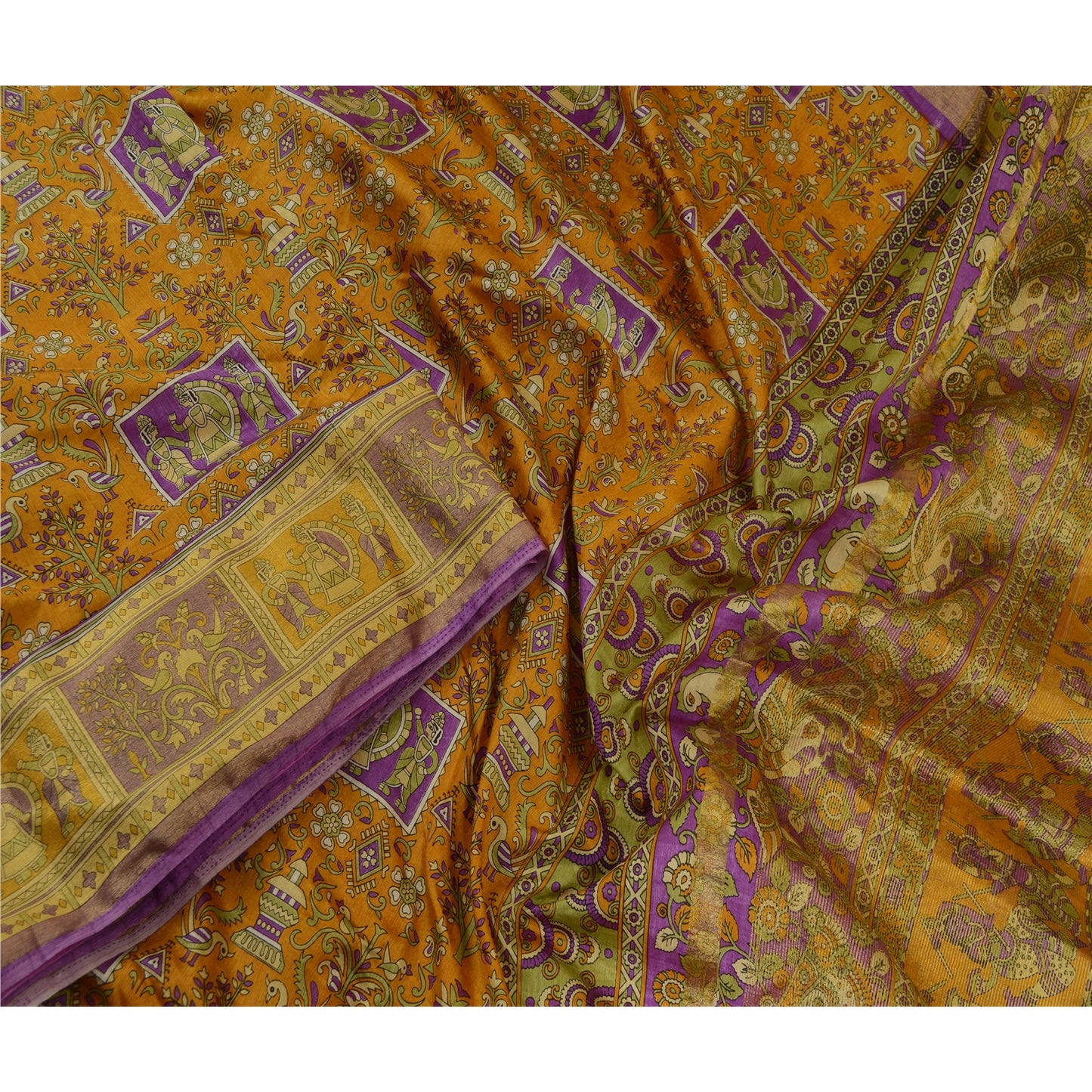 Sanskriti Vintage Sarees Saffron Zari Woven Printed Artificial Silk Sari Sustainable Fabric
