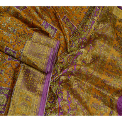 Sanskriti Vintage Sarees Saffron Zari Woven Printed Artificial Silk Sari Sustainable Fabric
