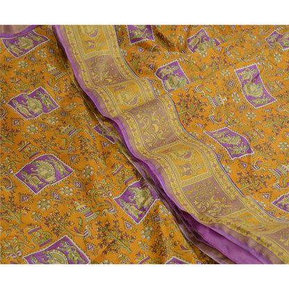 Sanskriti Vintage Sarees Saffron Zari Woven Printed Artificial Silk Sari Sustainable Fabric