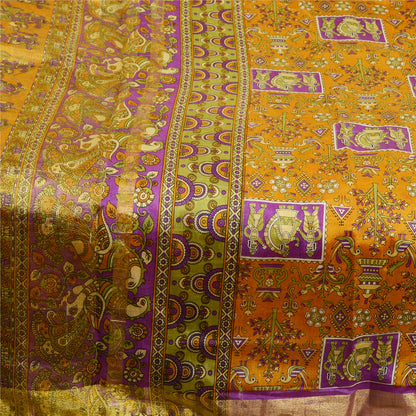 Sanskriti Vintage Sarees Saffron Zari Woven Printed Artificial Silk Sari Sustainable Fabric