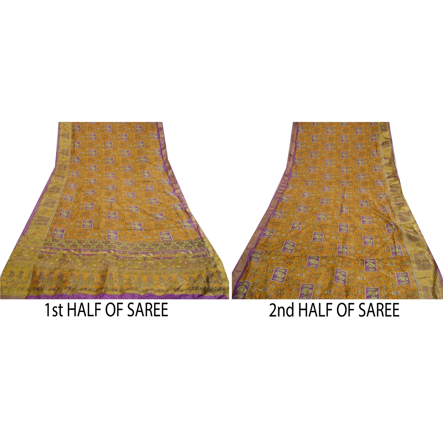 Sanskriti Vintage Sarees Saffron Zari Woven Printed Artificial Silk Sari Sustainable Fabric