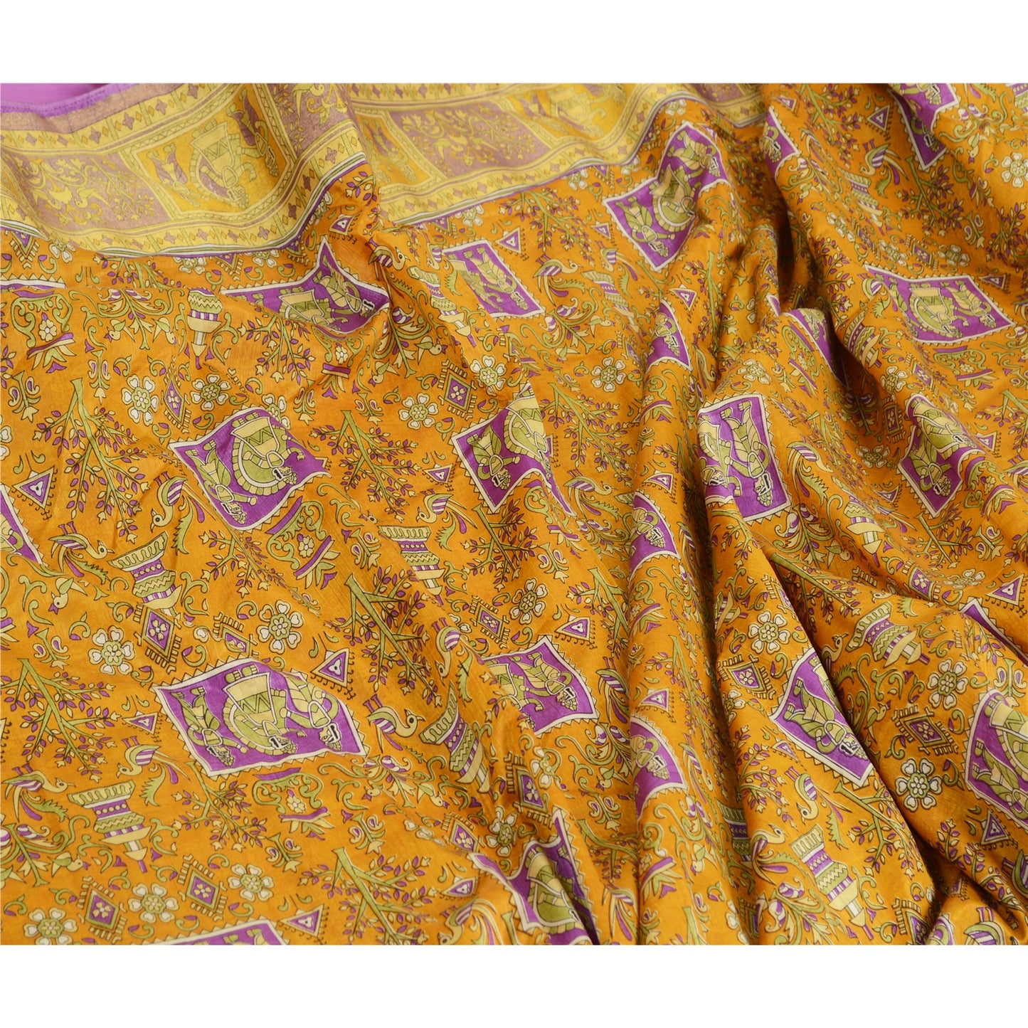 Sanskriti Vintage Sarees Saffron Zari Woven Printed Artificial Silk Sari Sustainable Fabric