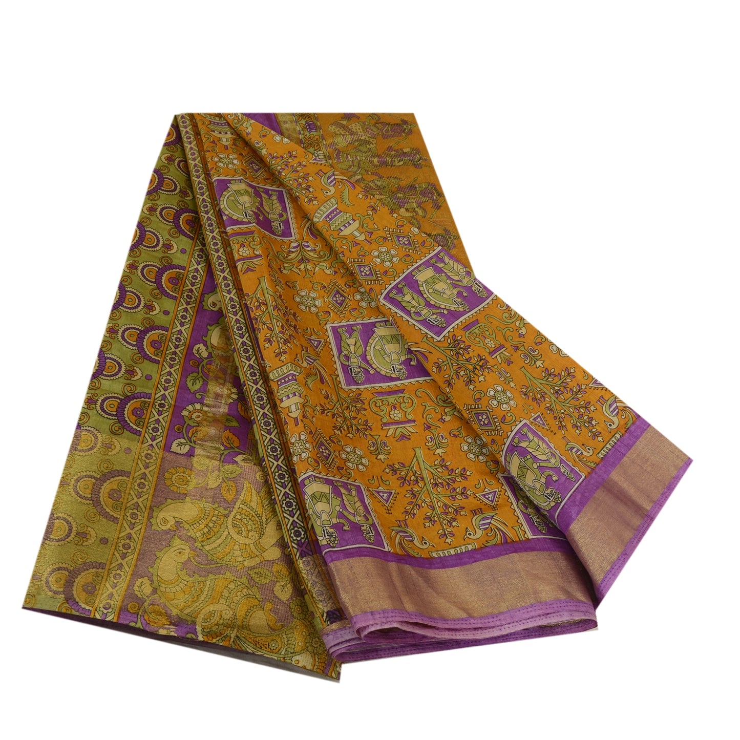 Sanskriti Vintage Sarees Saffron Zari Woven Printed Artificial Silk Sari Sustainable Fabric