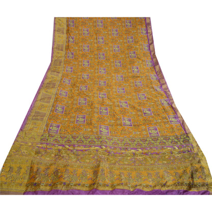 Sanskriti Vintage Sarees Saffron Zari Woven Printed Artificial Silk Sari Sustainable Fabric