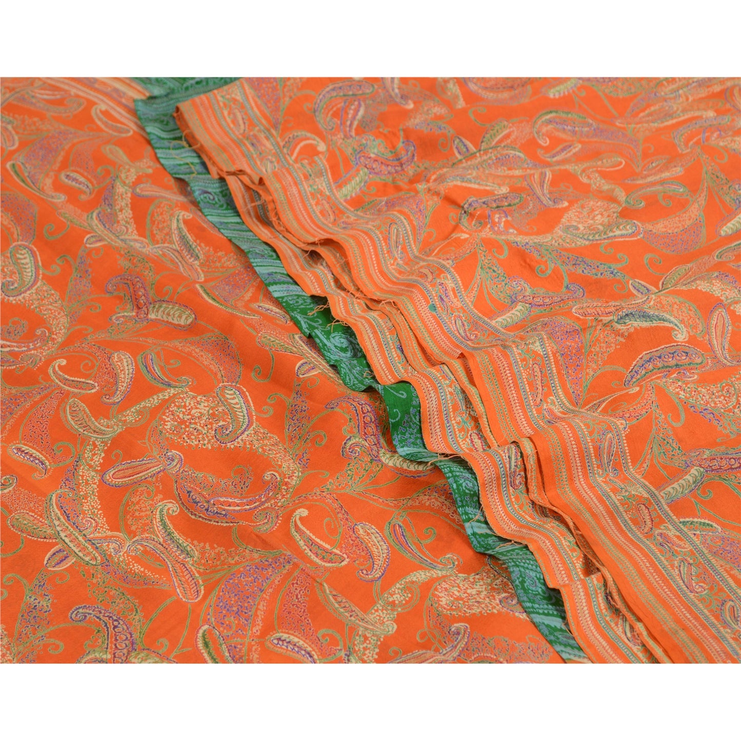 Sanskriti Vintage Sarees Indian Orange 100% Pure Silk Printed Sari Craft Sustainable Fabric