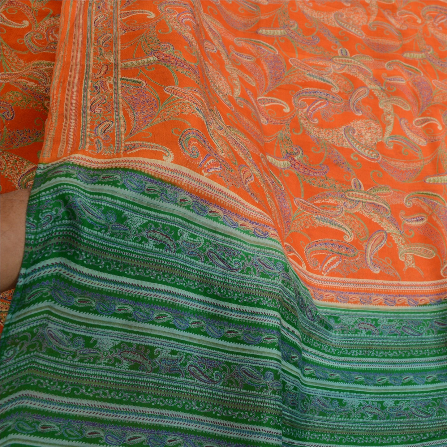 Sanskriti Vintage Sarees Indian Orange 100% Pure Silk Printed Sari Craft Sustainable Fabric