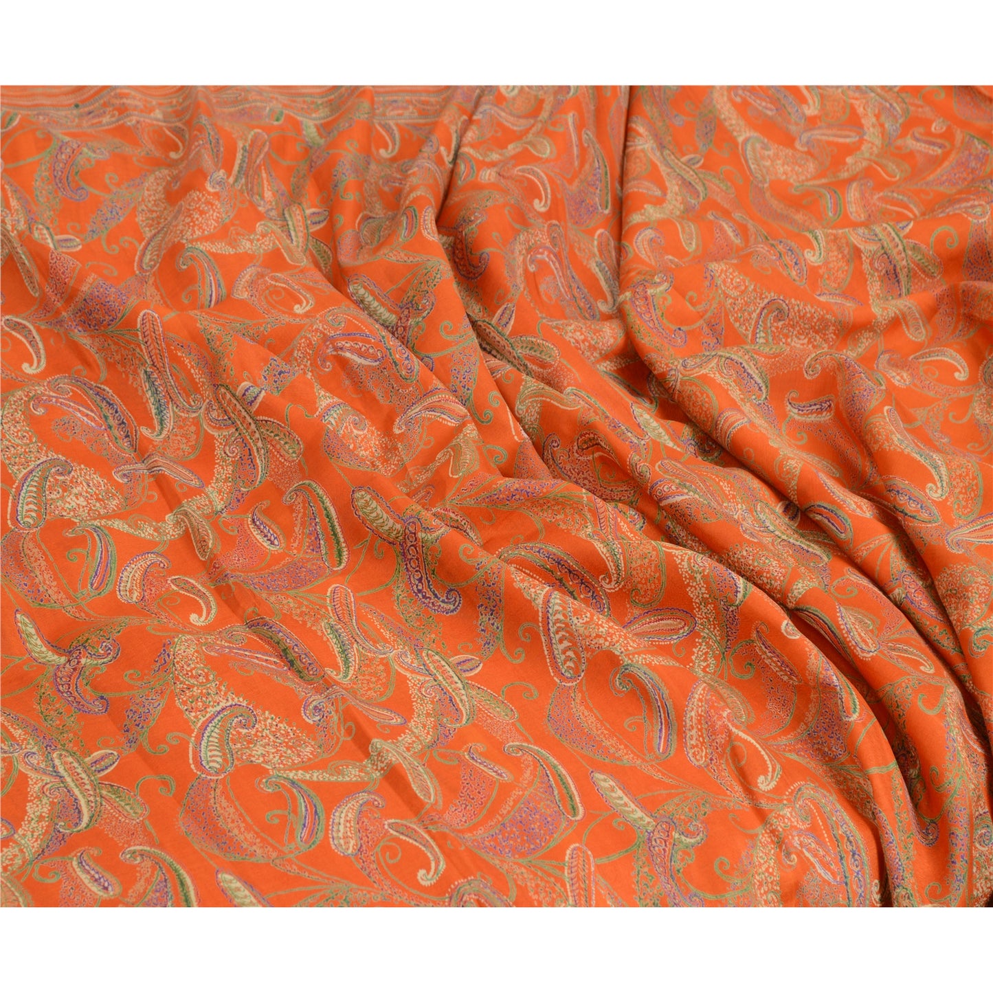 Sanskriti Vintage Sarees Indian Orange 100% Pure Silk Printed Sari Craft Sustainable Fabric