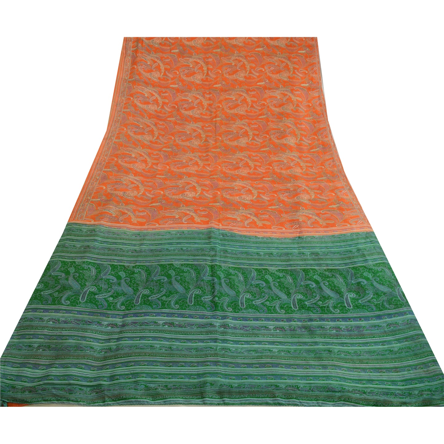Sanskriti Vintage Sarees Indian Orange 100% Pure Silk Printed Sari Craft Sustainable Fabric