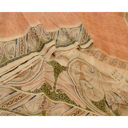 Sanskriti Vintage Sarees From India Peach Printed Pure Silk Sari Craft Sustainable Fabric
