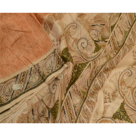 Sanskriti Vintage Sarees From India Peach Printed Pure Silk Sari Craft Sustainable Fabric