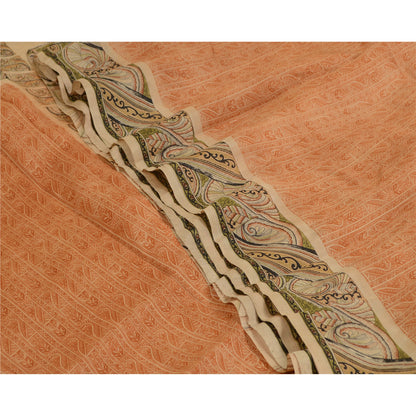 Sanskriti Vintage Sarees From India Peach Printed Pure Silk Sari Craft Sustainable Fabric