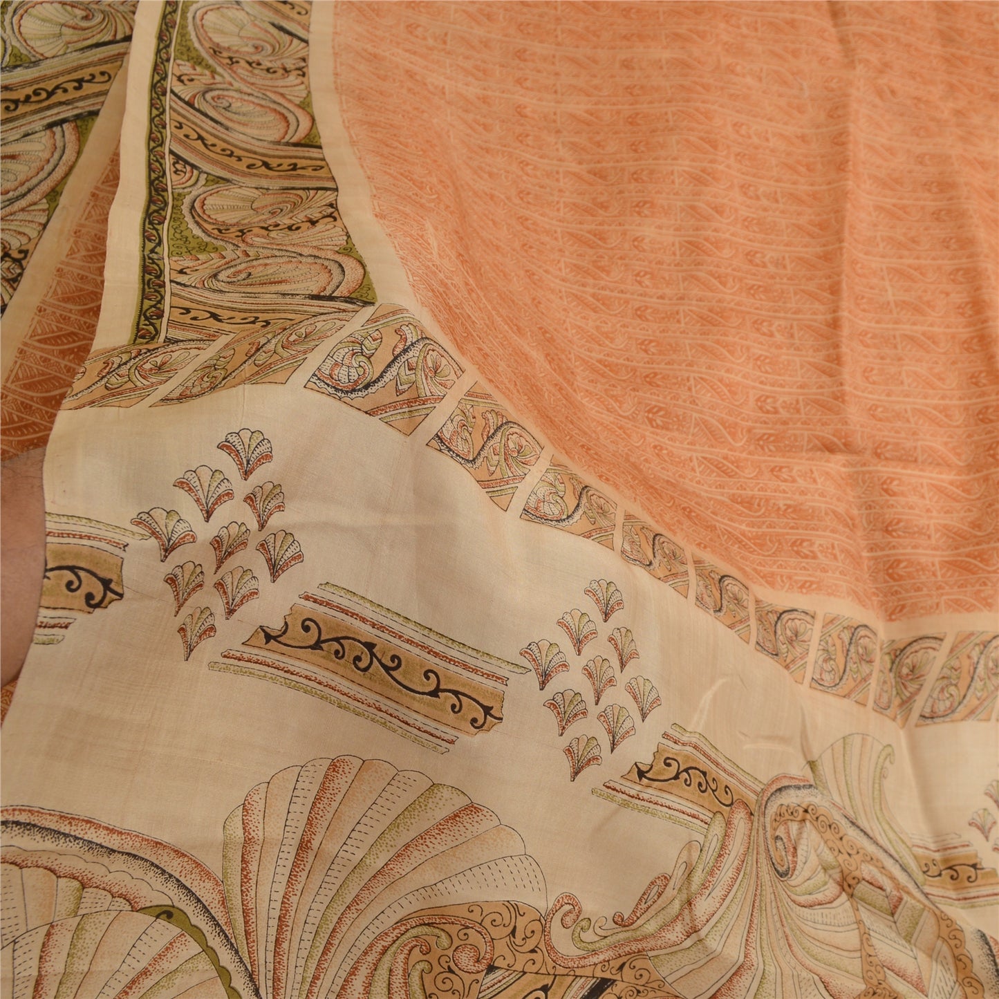 Sanskriti Vintage Sarees From India Peach Printed Pure Silk Sari Craft Sustainable Fabric