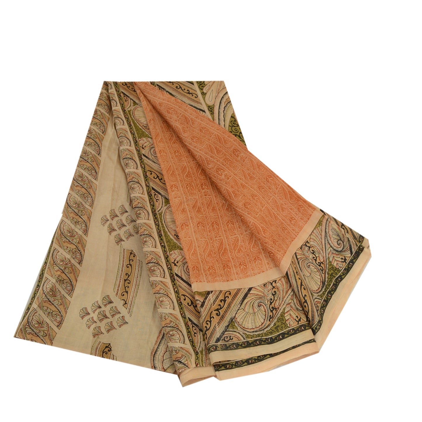 Sanskriti Vintage Sarees From India Peach Printed Pure Silk Sari Craft Sustainable Fabric