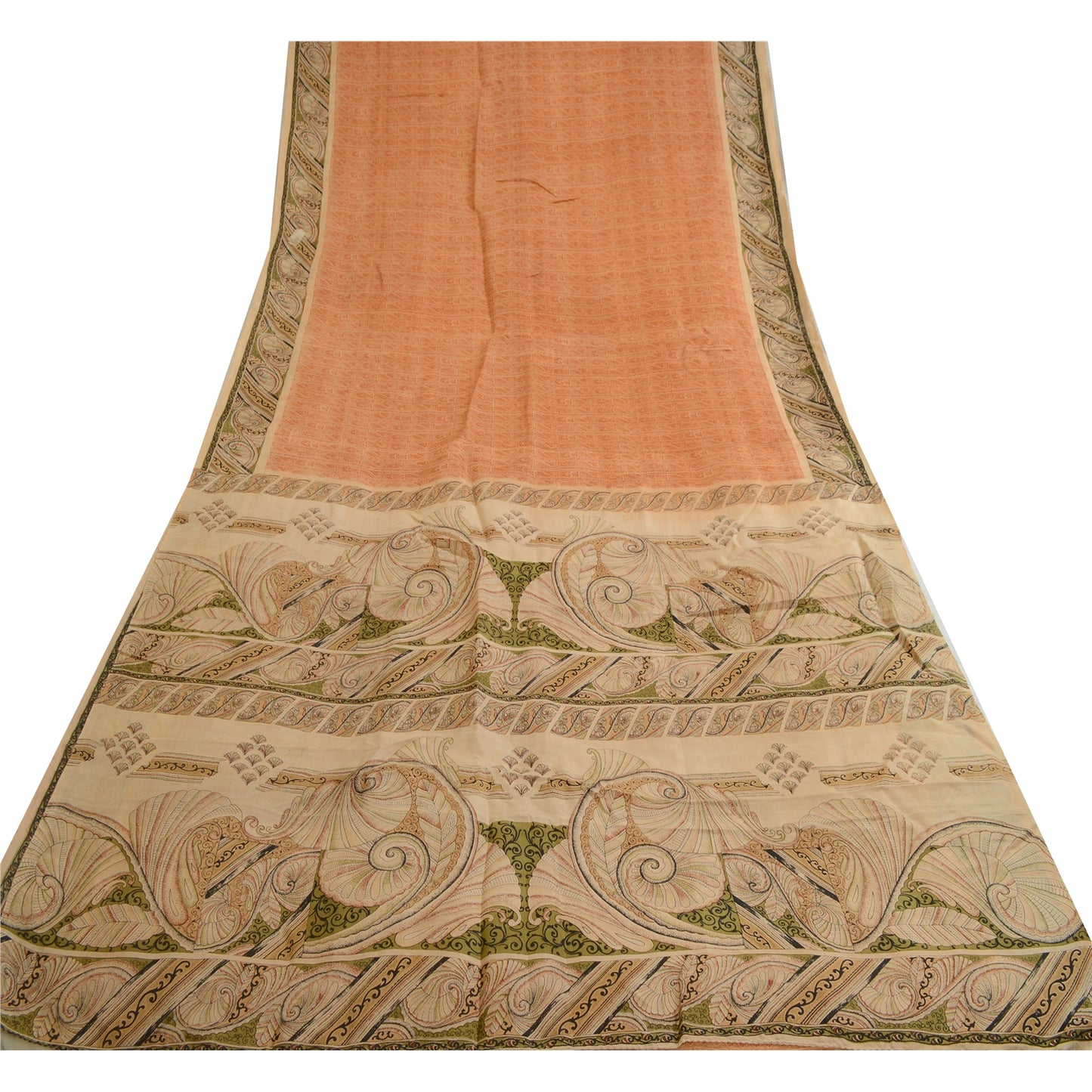 Sanskriti Vintage Sarees From India Peach Printed Pure Silk Sari Craft Sustainable Fabric