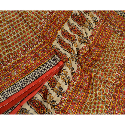 Sanskriti Vintage Ivory/Red Sarees 100% Pure Silk Printed Sari Craft Sustainable Fabric