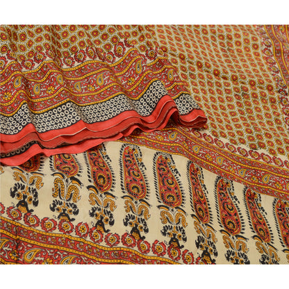 Sanskriti Vintage Ivory/Red Sarees 100% Pure Silk Printed Sari Craft Sustainable Fabric