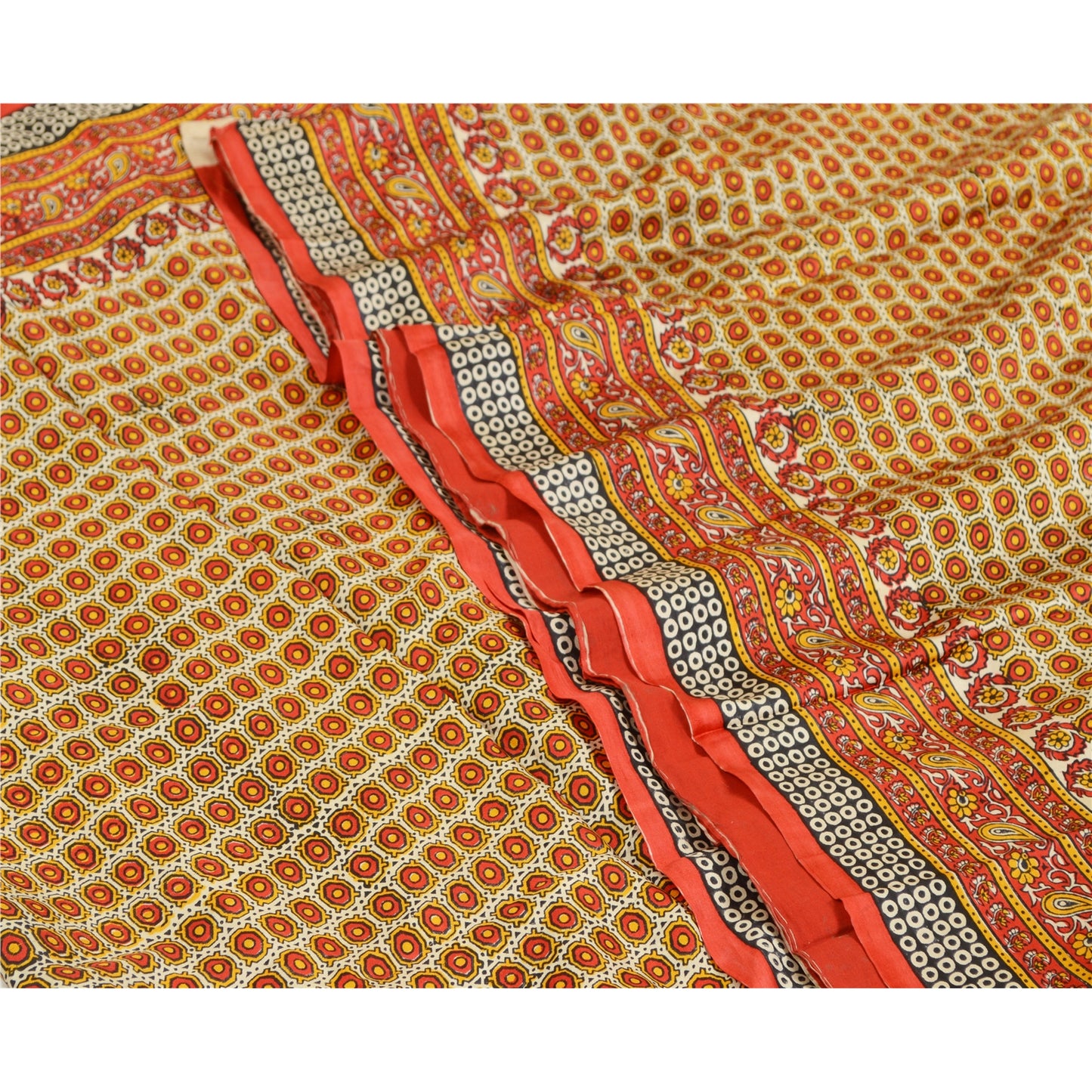 Sanskriti Vintage Ivory/Red Sarees 100% Pure Silk Printed Sari Craft Sustainable Fabric