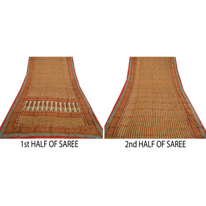 Sanskriti Vintage Ivory/Red Sarees 100% Pure Silk Printed Sari Craft Sustainable Fabric